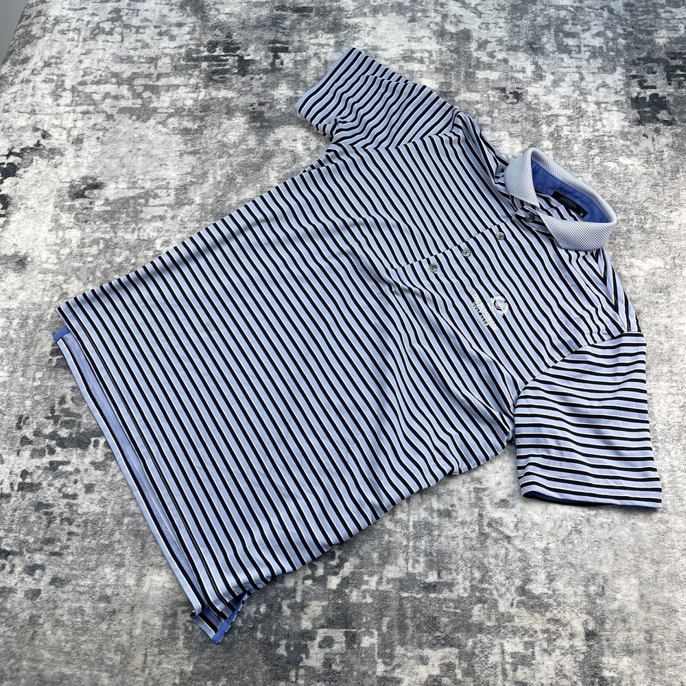 Greyson Men Medium Blue White Striped Golf Polo Performance Spandex Wolf Logo